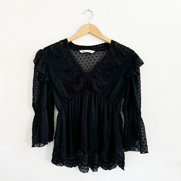 Zara Swiss Dot Ruffled Blouse Black Size XS - Picture 1 of 7